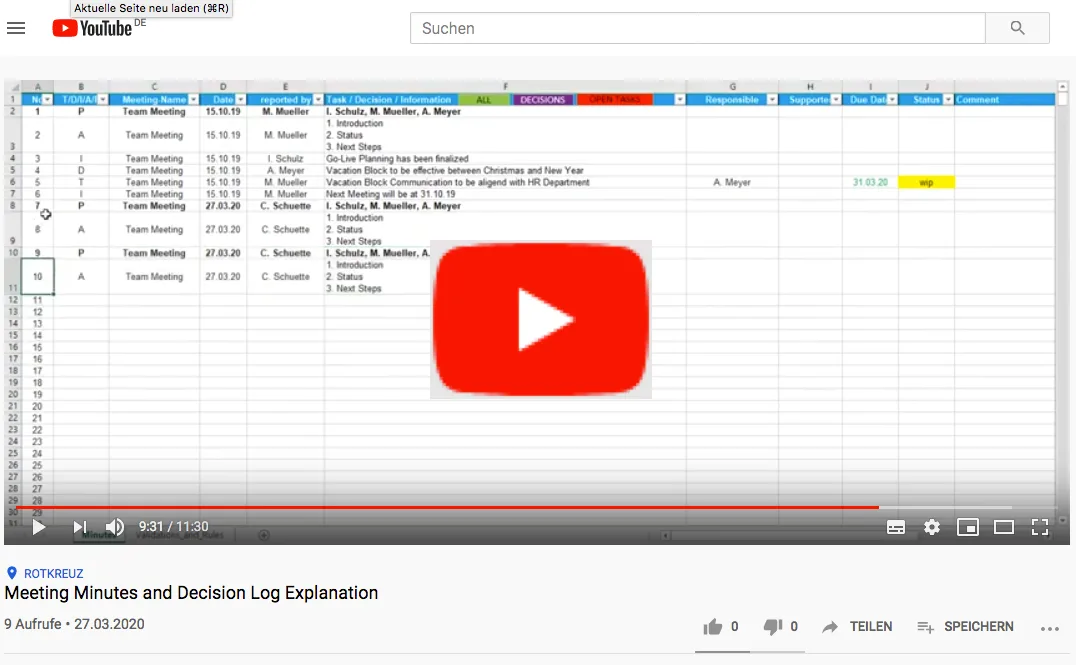 Videostandbild eines YouTube-Tutorials zu Meeting Minutes und Decision Log mit Erklärvideo