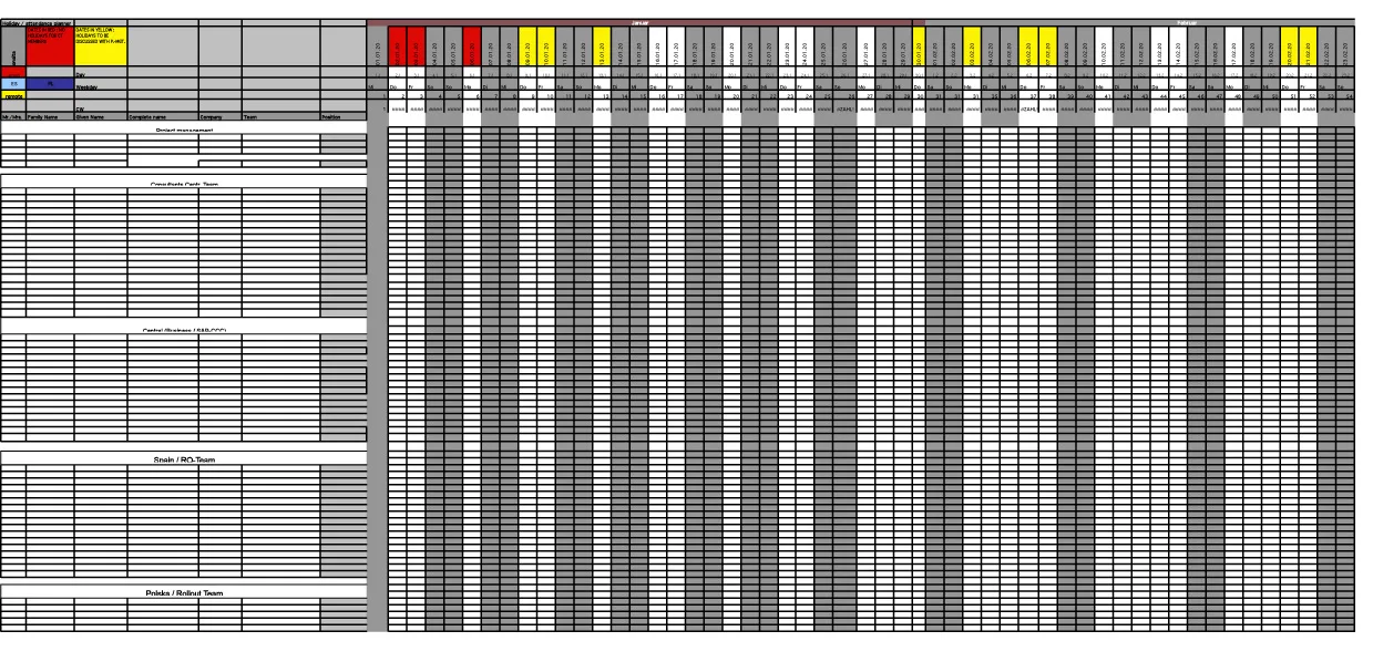 Planungskalender 1 mit farblich gekennzeichneten Zeitblöcken in Rot, Gelb und Grau über mehrere Spalten
