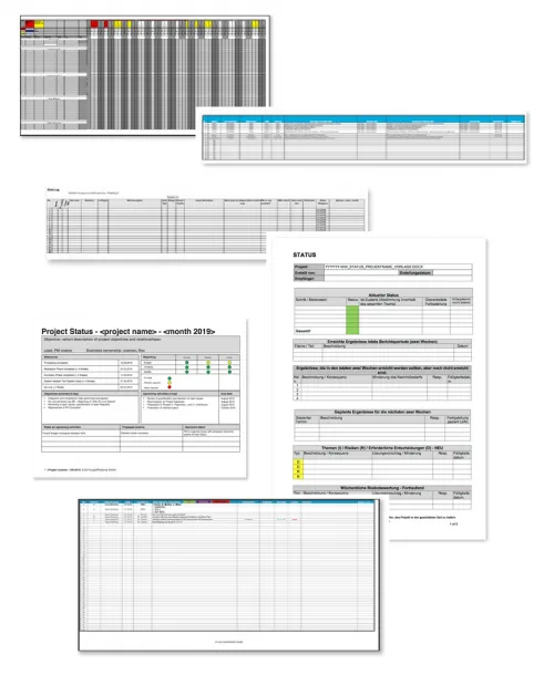 Übersichtskomposition des Project Reporting-Pakets mit sechs verschiedenen Vorlagen und Templates