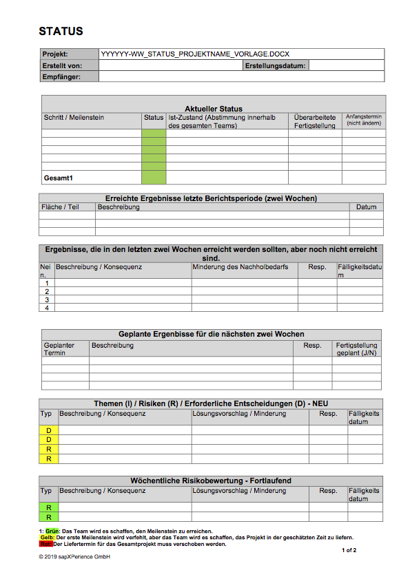 Statusbericht Template auf Deutsch mit grünem Statusfeld und Tabellen für Ergebnisse und Risiken