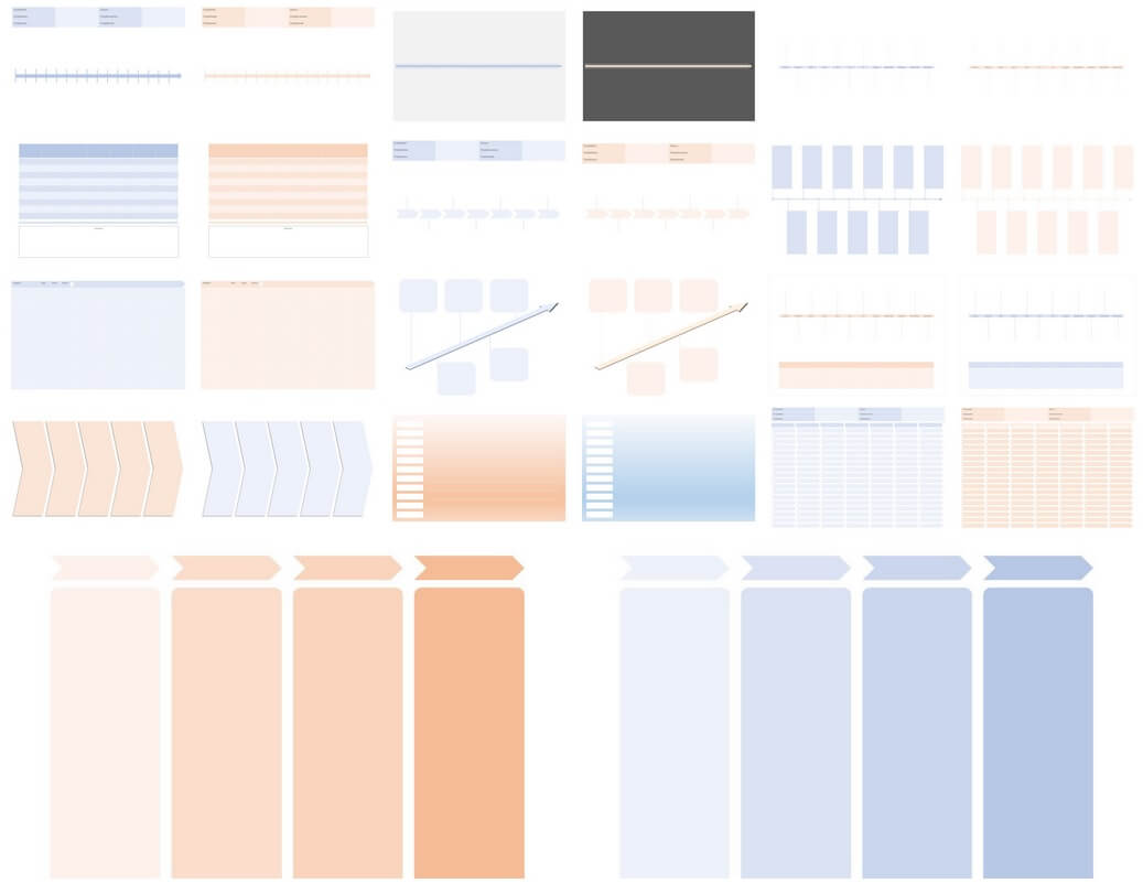 Projekt Zeitplan PDF Vorlage – 26 Diagramme zum Ausdrucken 5 Übersichtsgalerie mit verschiedenen Zeitstrahl-, Gantt-Chart- und Projektplan-Vorlagen in Blau und Orange