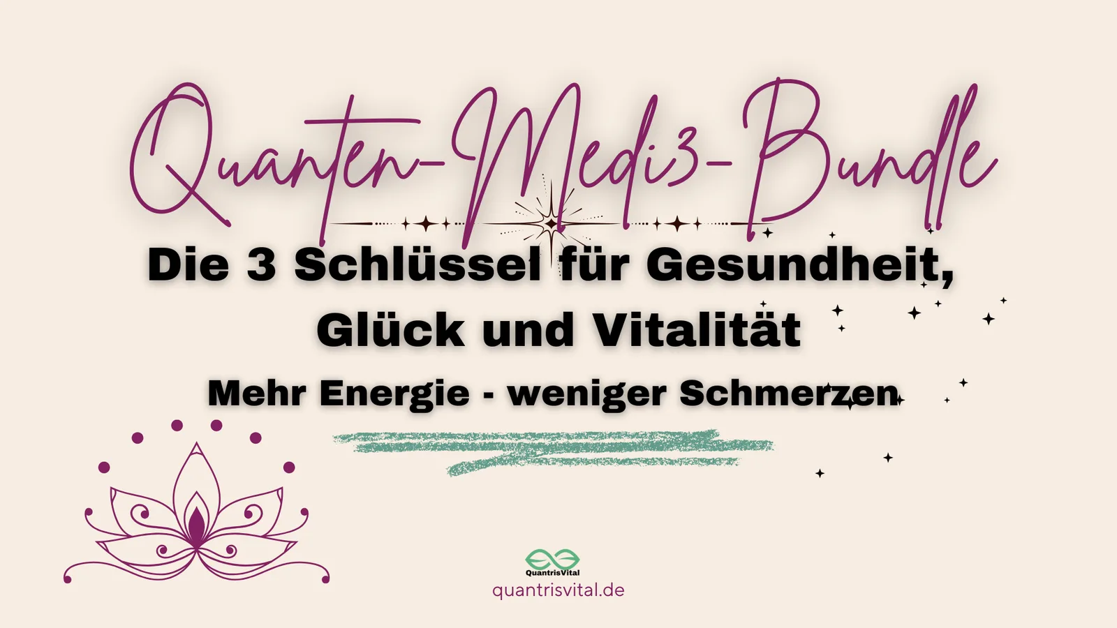 Quanten-Medi3-Bundle Banner mit Titel, Lotus-Symbol und Website-URL