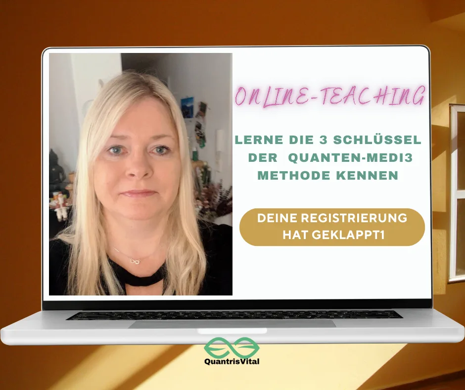 Screenshot Online-Teaching Seite mit Frau in Laptop-Display und Registrierungs-Callout