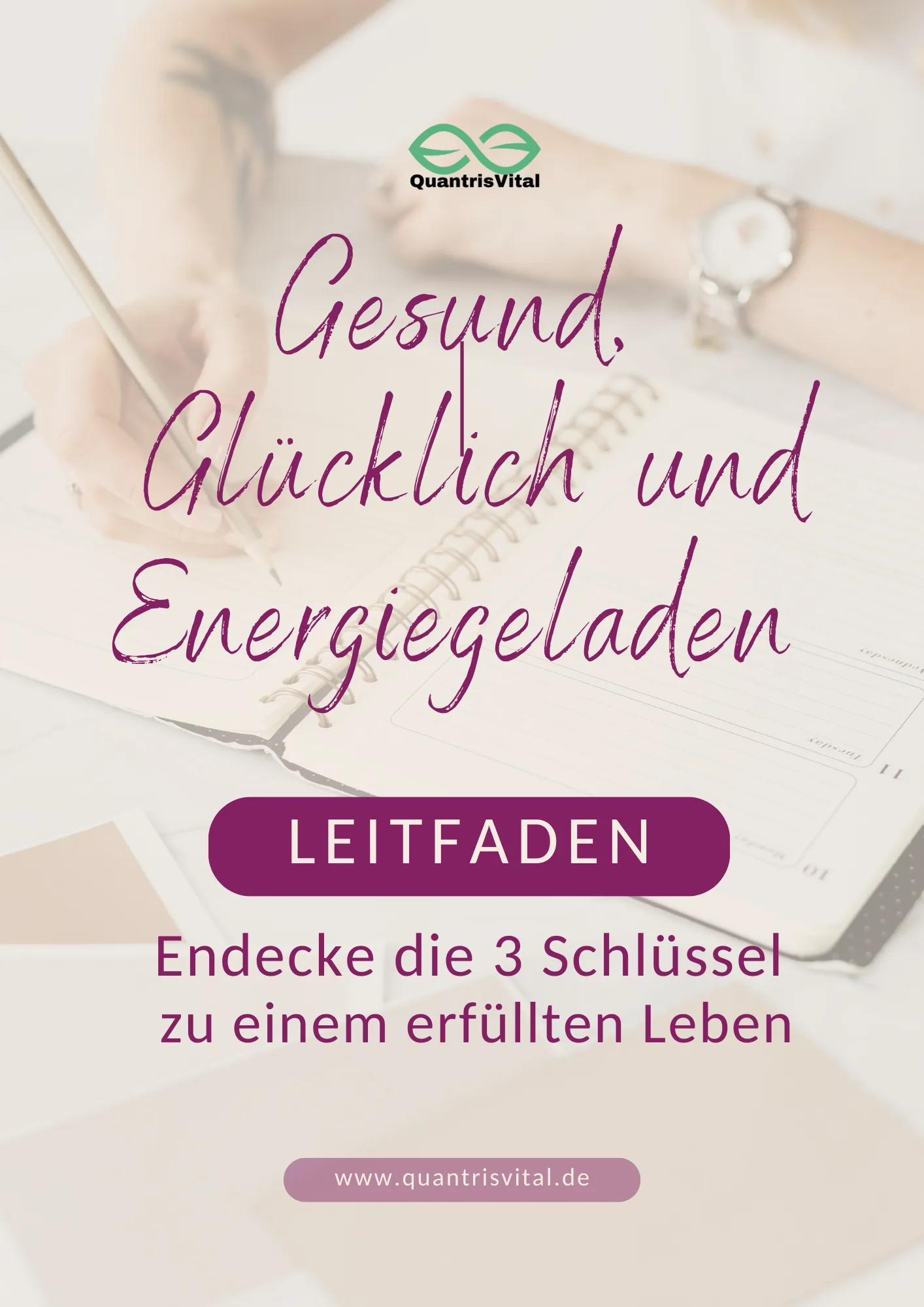 Leitfaden-Cover Gesund, Glücklich und Energiegeladen mit Lotus-Symbol und Downloadbutton