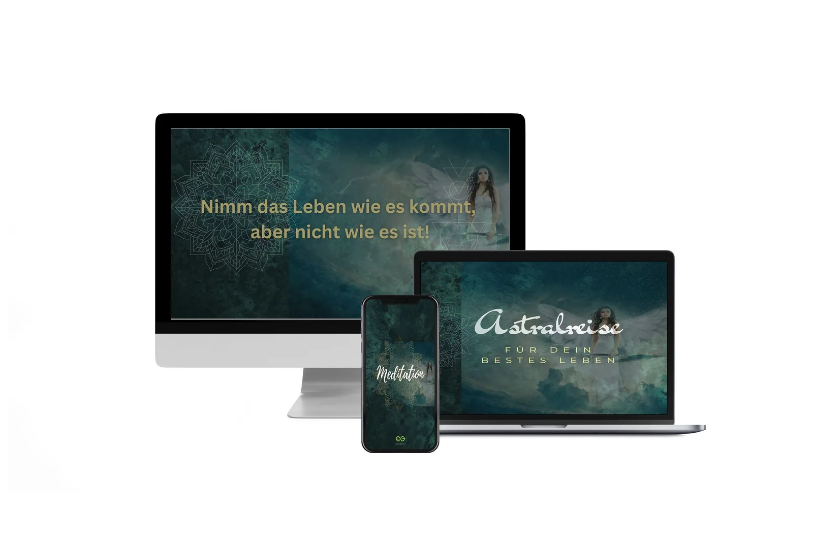 Produktmockup Astralreise Meditation auf Desktop, Tablet und Smartphone mit goldenem Mandala