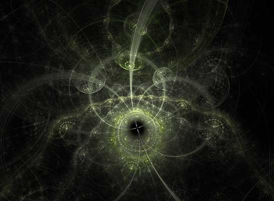 Abstrakte grüne Quantenphysik-Visualisierung mit Lichtwellen und geometrischen Mustern