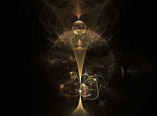 Abstrakte goldene Quantenphysik-Visualisierung mit symmetrischen Lichtwellen und Energiefluss
