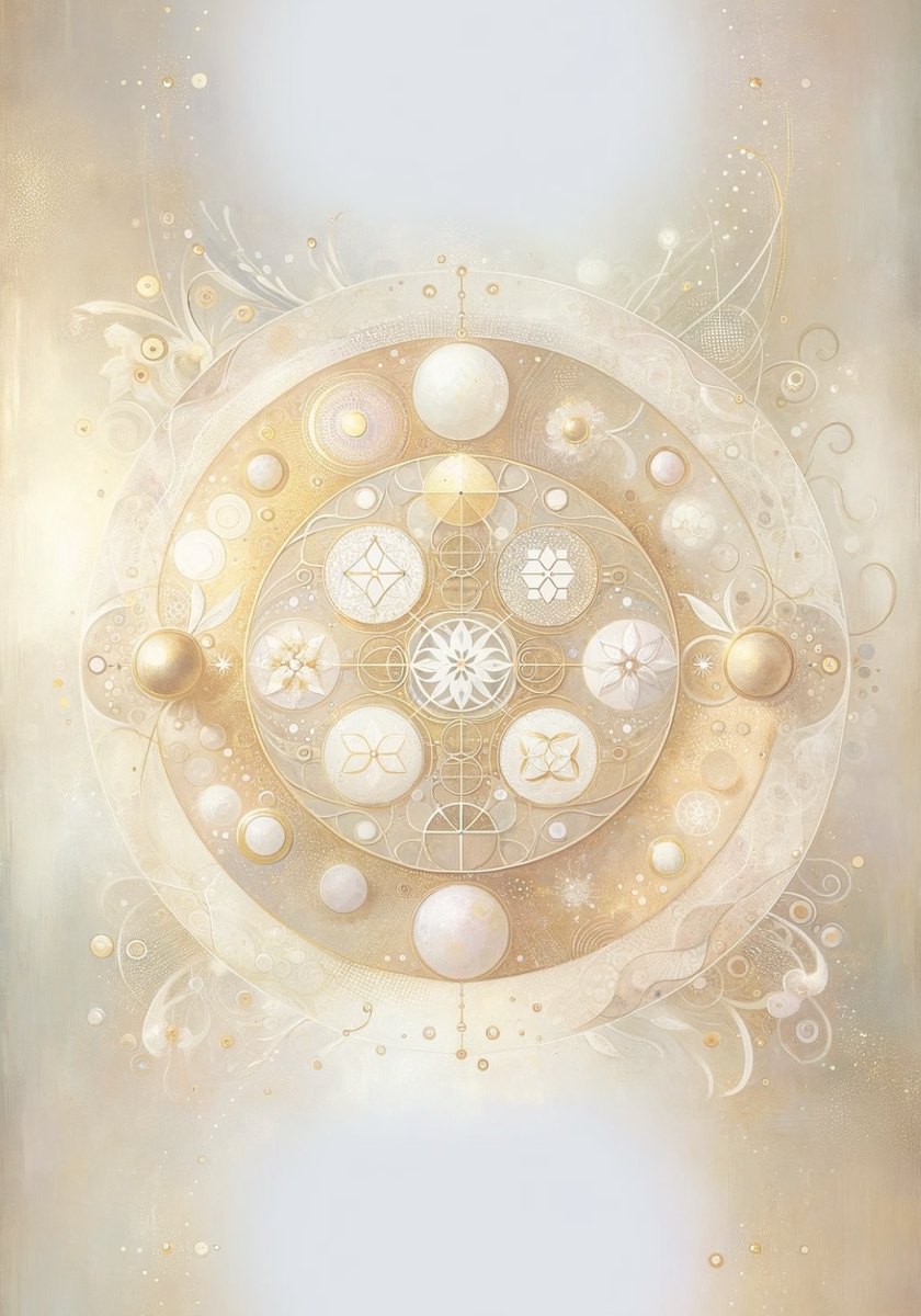 Abstrakte geometrische Mandala-Illustration in Creme- und Goldtönen mit Ornamenten