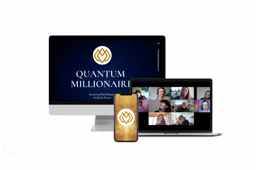 Quantum Millionaire Hypnose-Programm auf Desktop, Smartphone und Tablet mit goldenem Logo