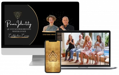 Hero-Mockup des Quantum Power Identity Master Coach Zertifizierungsprogramms von Stefanie Bruns mit Desktop-, Smartphone- und
