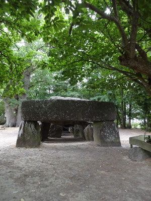 Steinerner Dolmen oder Steintisch unter grünem Blätter-Dach