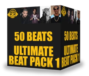 BeatPack1 Box mit 50 Beats Ultimate Beat Pack 1, zeigt mehrere Künstler und gelbes Branding