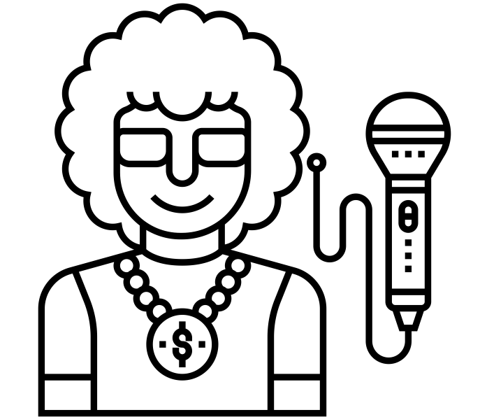 Illustration einer weiblichen Künstlerin mit lockigem Haar, Brille, Perlenkette und Mikrofon