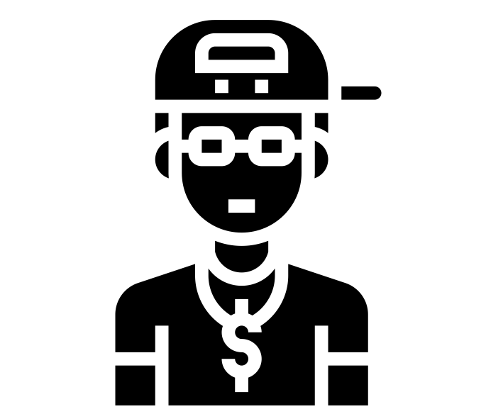 Geometrische Icon-Illustration eines Künstlers mit Mütze, Brille und Dollar-Kettenanhänger
