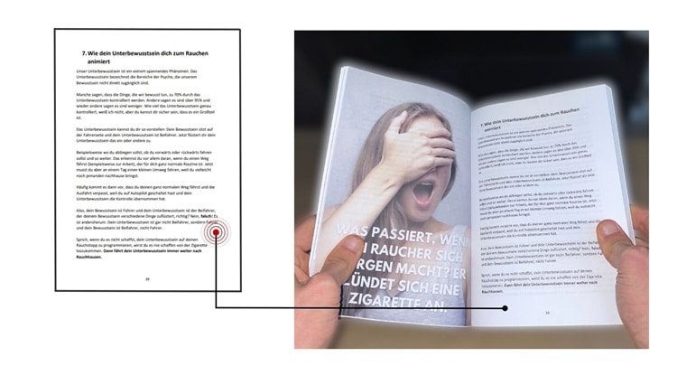 Aufgeschlagenes Buch mit Kapitel über Rauchstopp und Hand hält Buch