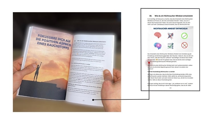 Aufgeschlagenes Buch mit Fokusthema positive Aspekte Rauchstopp und Symbolen