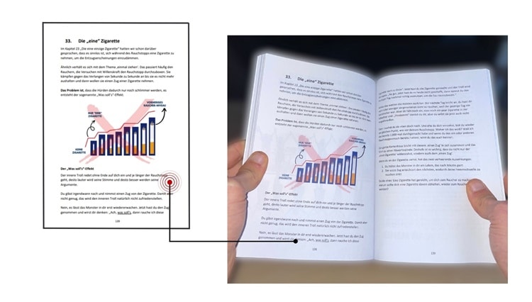 Aufgeschlagenes Buch Kapitel Zigaretten mit Balkendiagramm und Hand