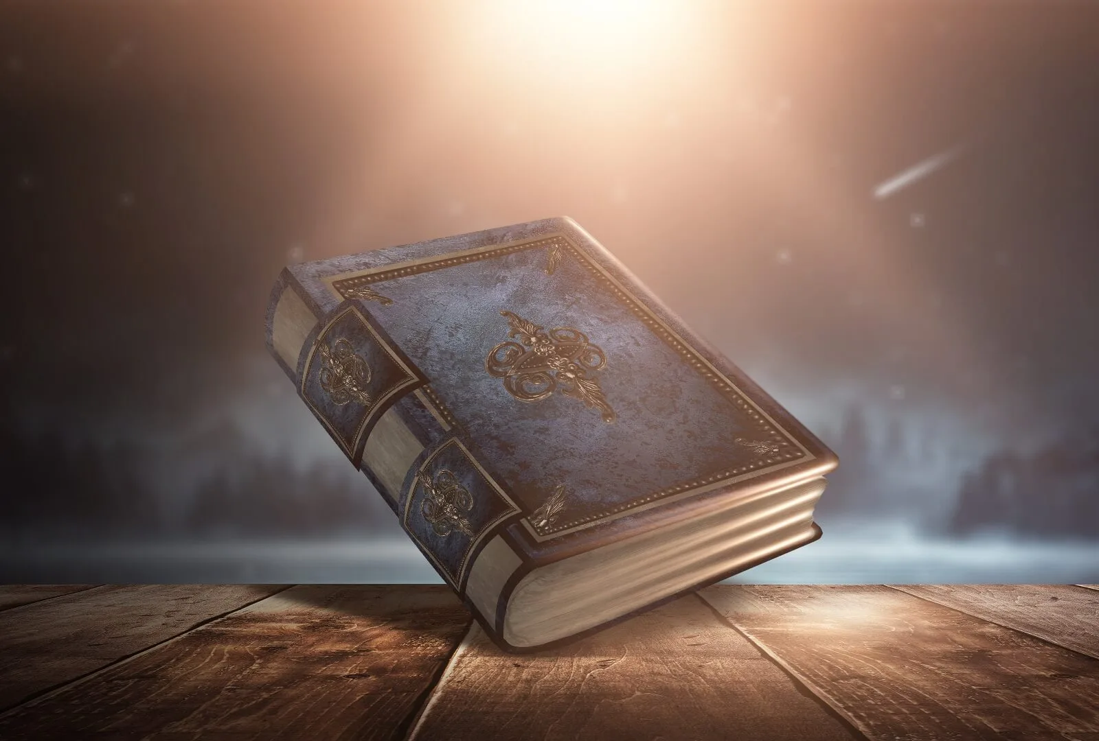 Antikes Buch mit goldener Verzierung auf Holztisch vor mystischem Hintergrund