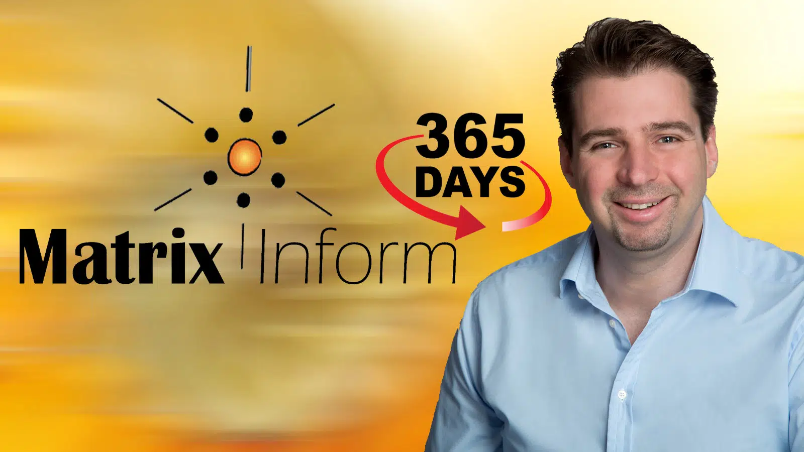 Björn Heede im hellblauen Hemd mit Matrix Inform 365 DAYS Logo auf gelbem Hintergrund