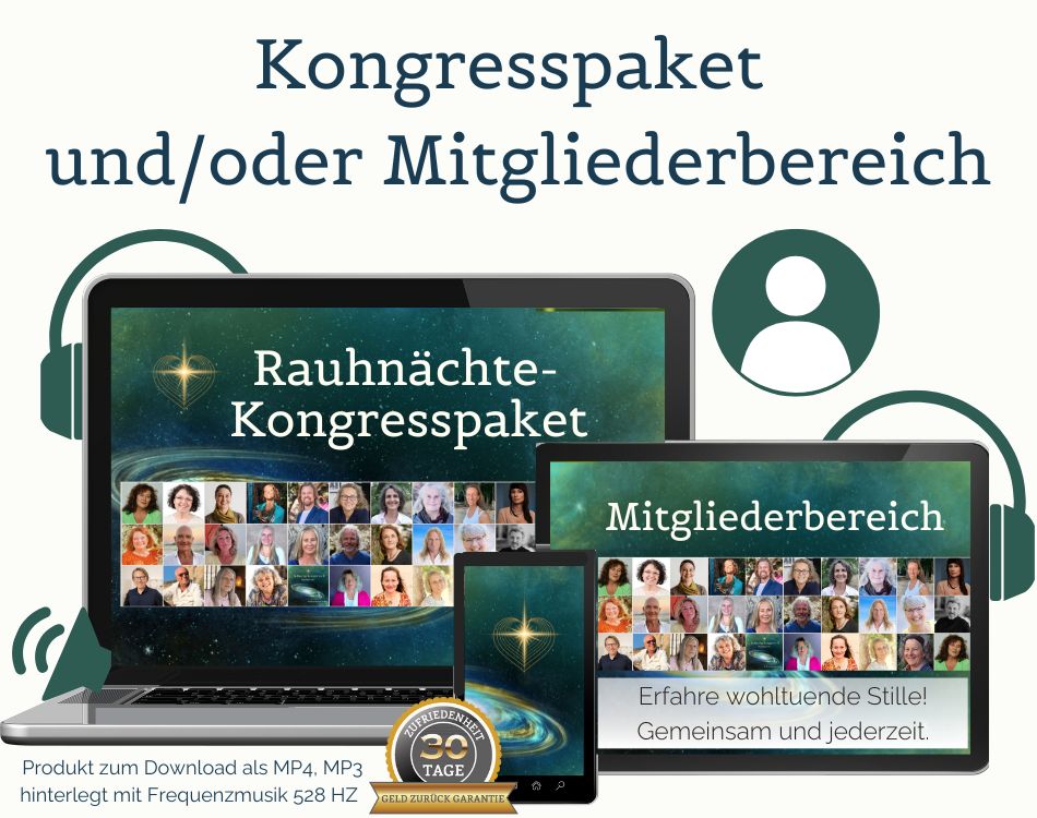 Rauhnächte-Schweigekongress-Paket mit Kongresspaket und Mitgliederbereich auf Laptop, Tablet und Smartphone