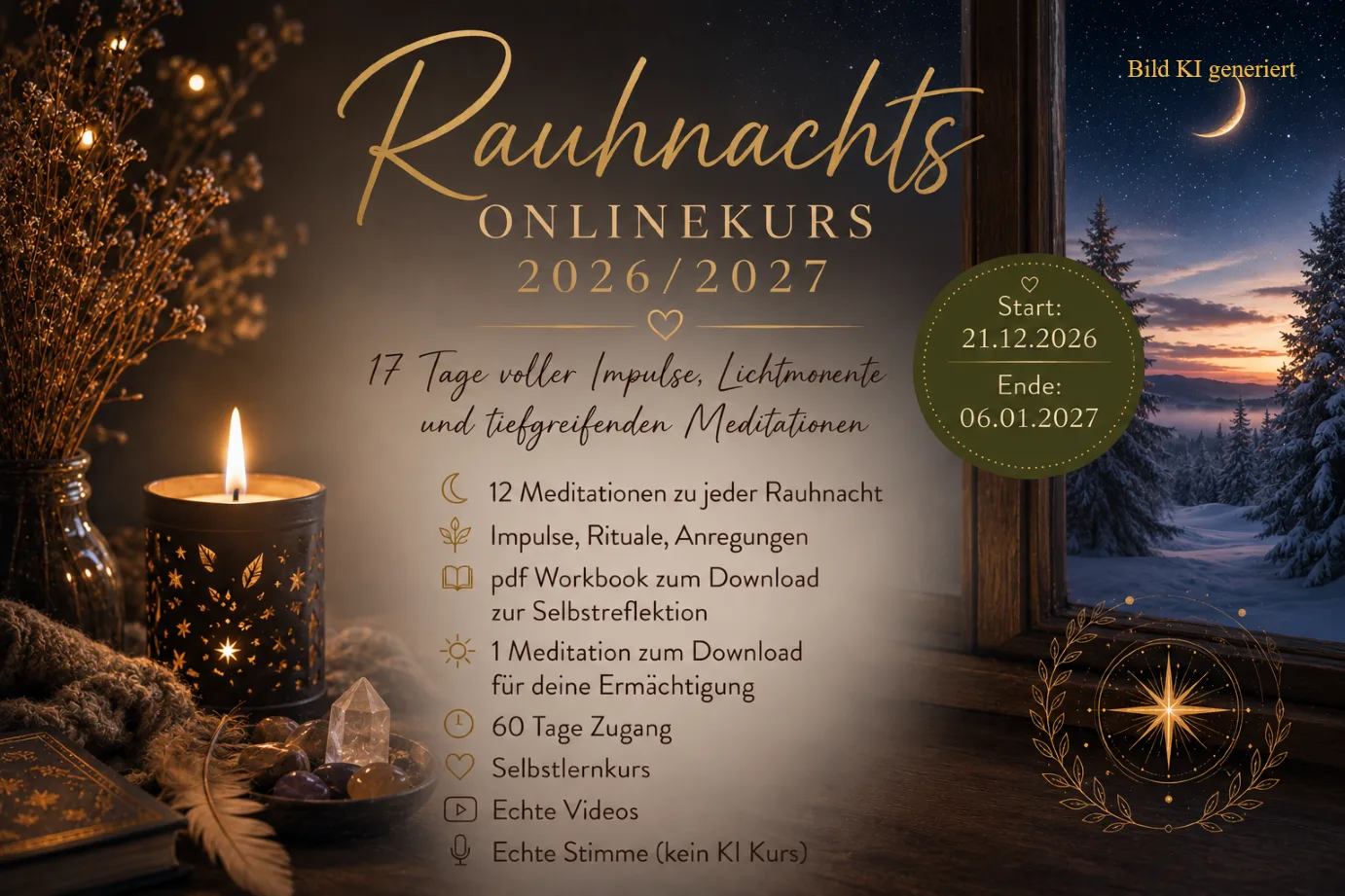 Hero-Banner Rauhnachts Onlinekurs 2026/2027 mit Kerze, Kristall und Winterlandschaft