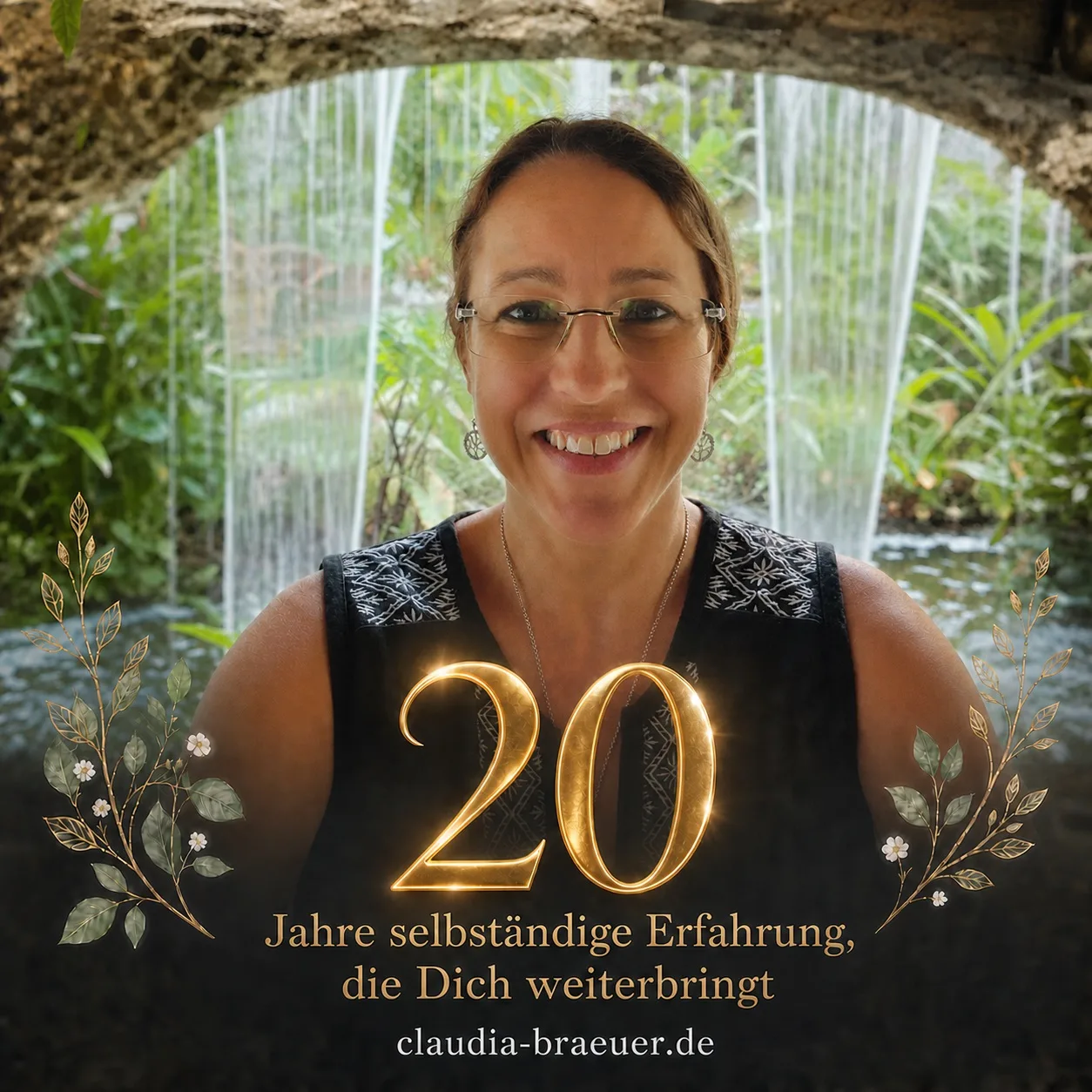 Grafik zum 20-jährigen Jubiläum mit Claudia Bräuer Portrait, goldener Text, Blätter-Dekoration