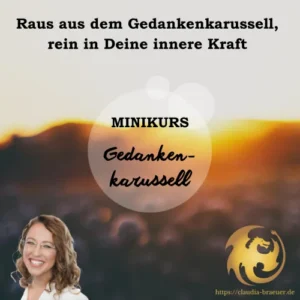 Produktabbildung Minikurs mit Titel, Sonnenuntergang-Hintergrund, Claudia Bräuer Portrait, goldenes Logo