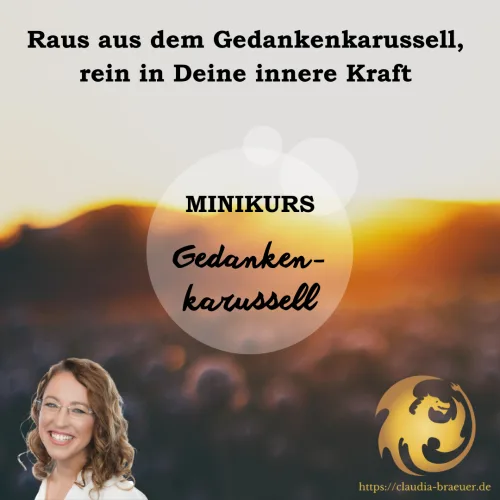 Produktabbildung Minikurs mit Titel, Sonnenuntergang-Hintergrund, Claudia Bräuer Portrait, goldenes Logo