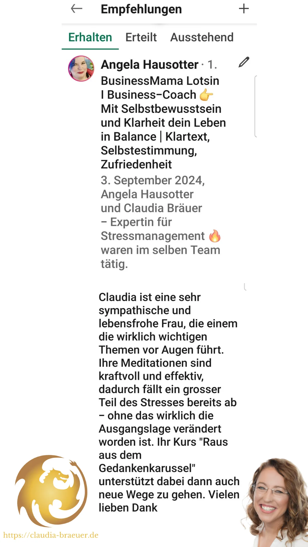Empfehlung von Angela Hausotter für Onlinekurs Raus aus dem Gedankenkarussell von Claudia Bräuer
