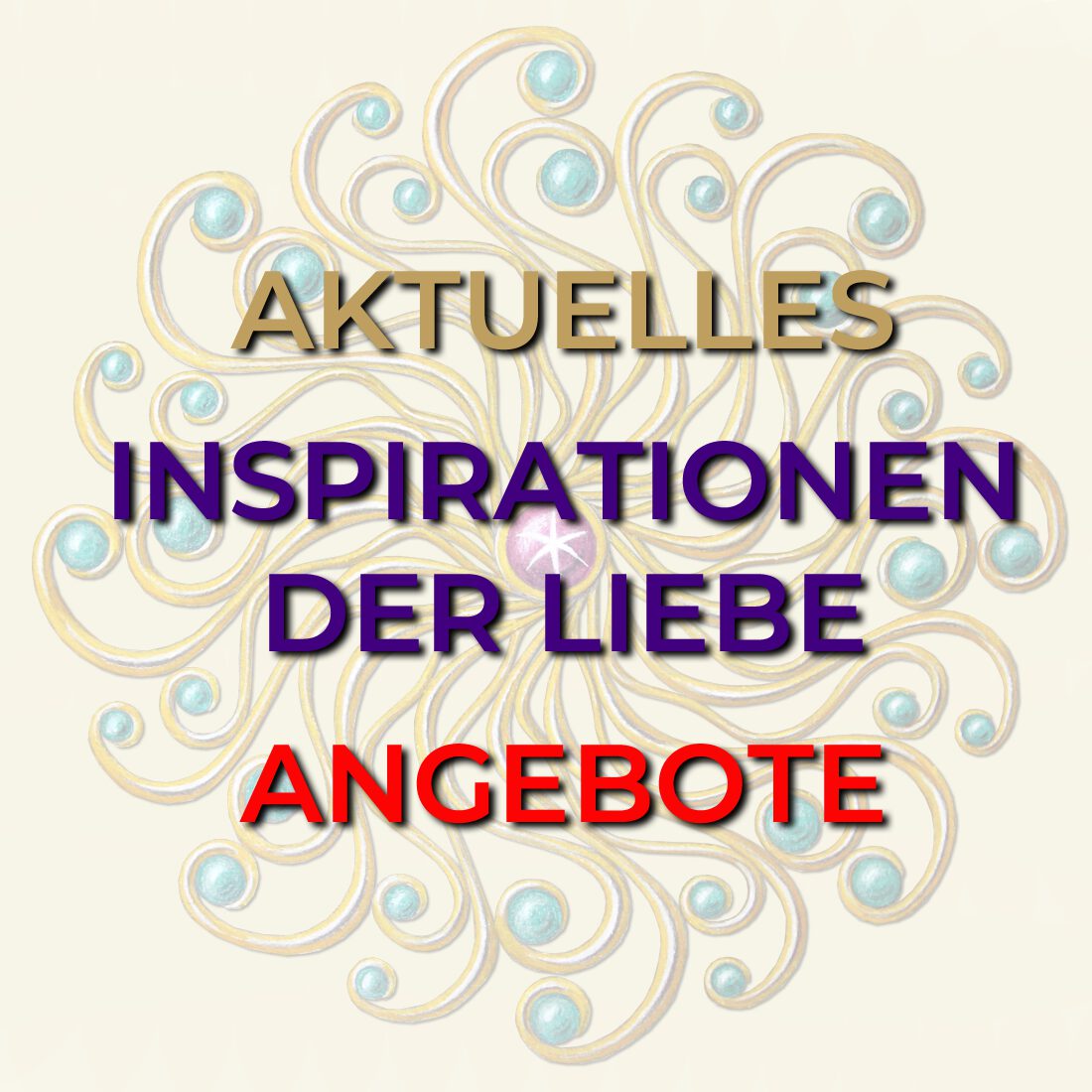 Dekoratives Ornament-Mandala mit Perlen und Schwüngen, Text überlagert in drei Farben
