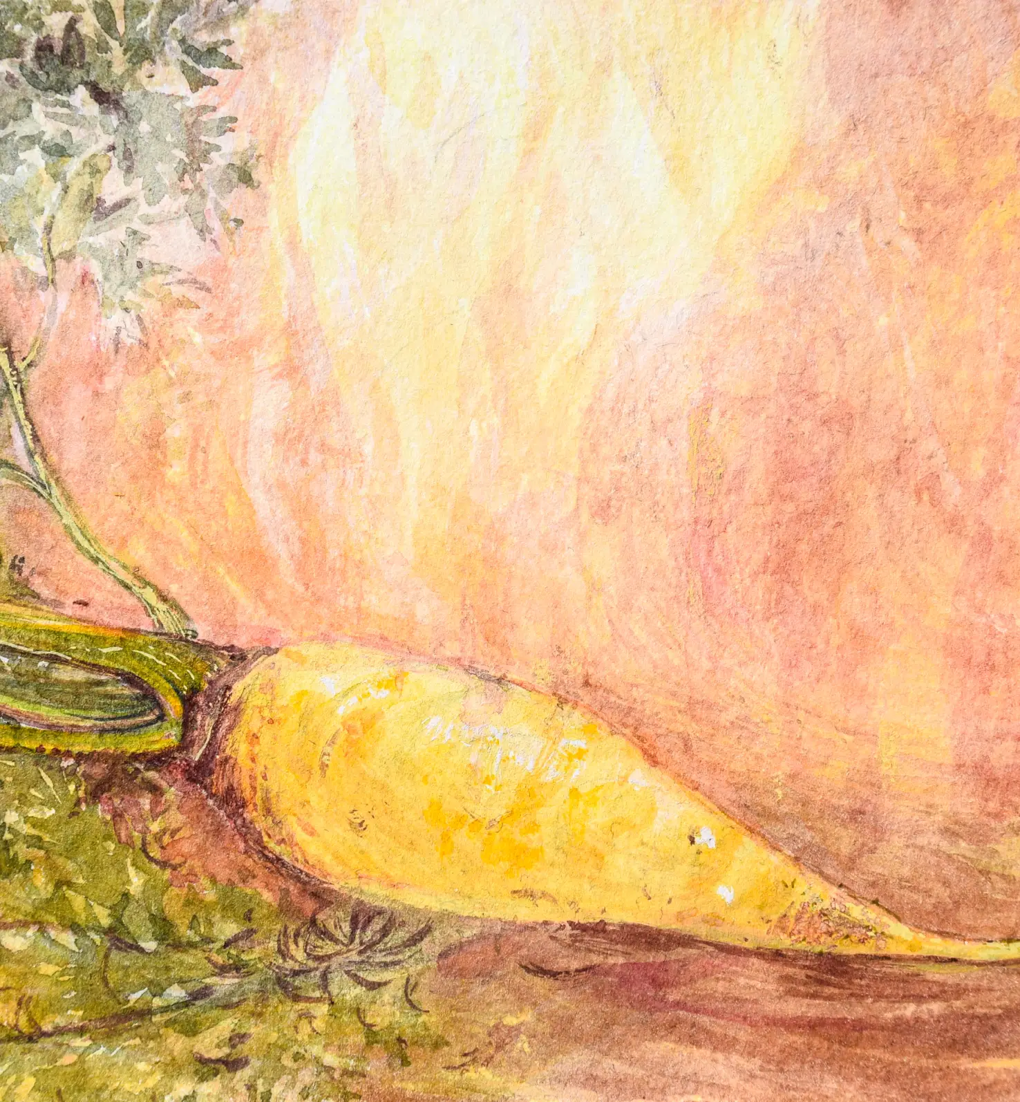 Aquarell-Illustration einer gelben Wurzel mit grünem Laub auf warmen Farbtönen