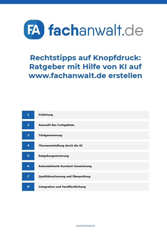 Titelseite E-Book: Rechtstipps auf Knopfdruck – Ratgeber mit KI erstellen auf fachanwalt.de