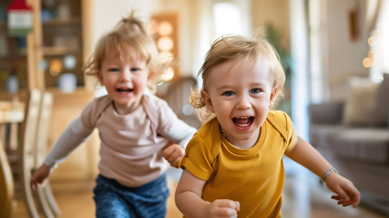 Zwei lachende Kleinkinder rennen durch helles Wohnzimmer, Mädchen in Gelb vorne