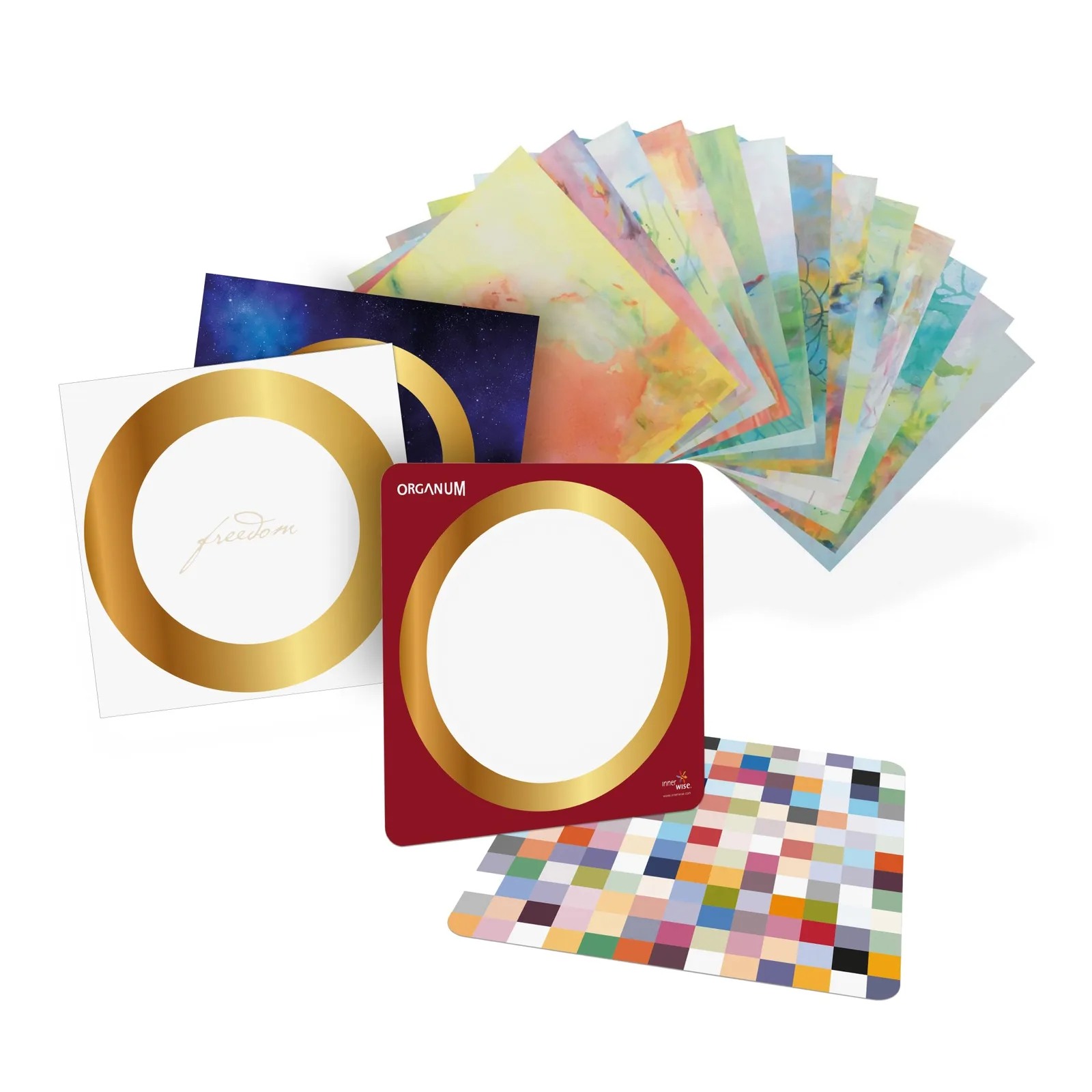Collection Kunst die wirkt mit zwei goldenem Rahmen auf Karten, Kartenset mit Pastellfarben und farbigen Quadraten
