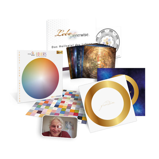 Produktbild Selbsthilfe Paket mit Lebe innerwise Buch, Farbkugel, Karten, Hologrammfolie und Portrait