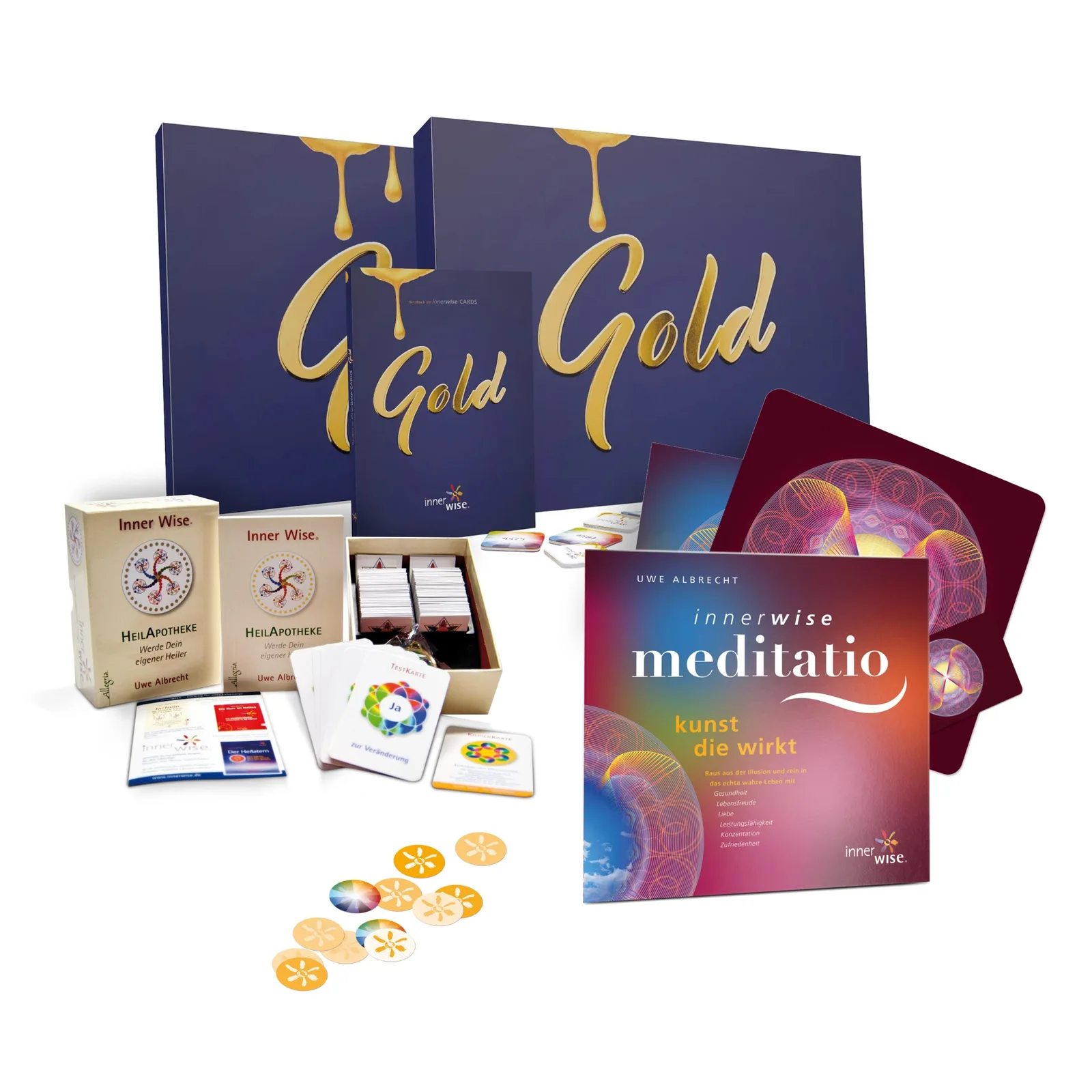 Heilkarten Sets Collection mit Gold-Boxen, Meditation-Produkt und HeilApotheke von Uwe Albrecht