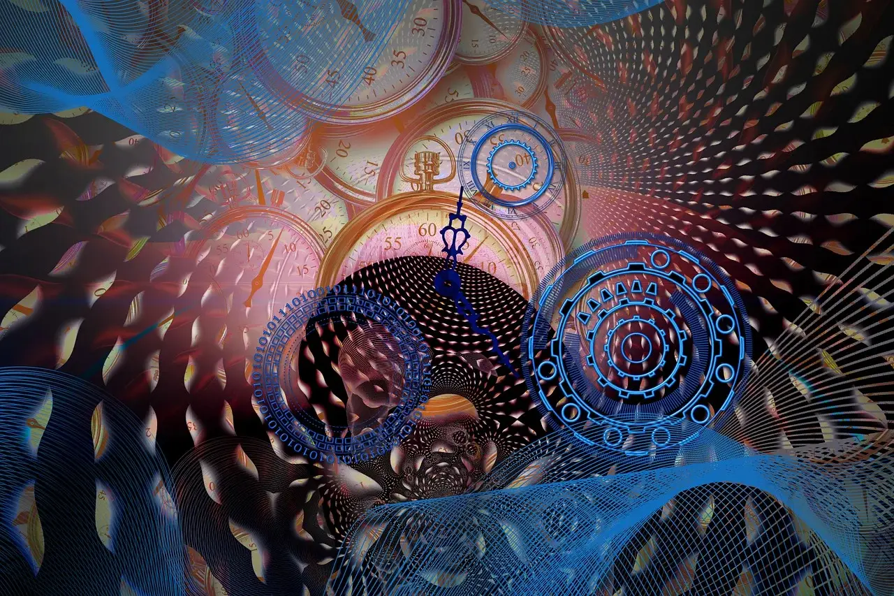 Reiki Behandlungen: Modul 3 – Videokurs zur Energiearbeit 9 Abstrakte bunte Grafik mit Zahnrädern, Uhren und digitalen Elementen in Blau und Rot