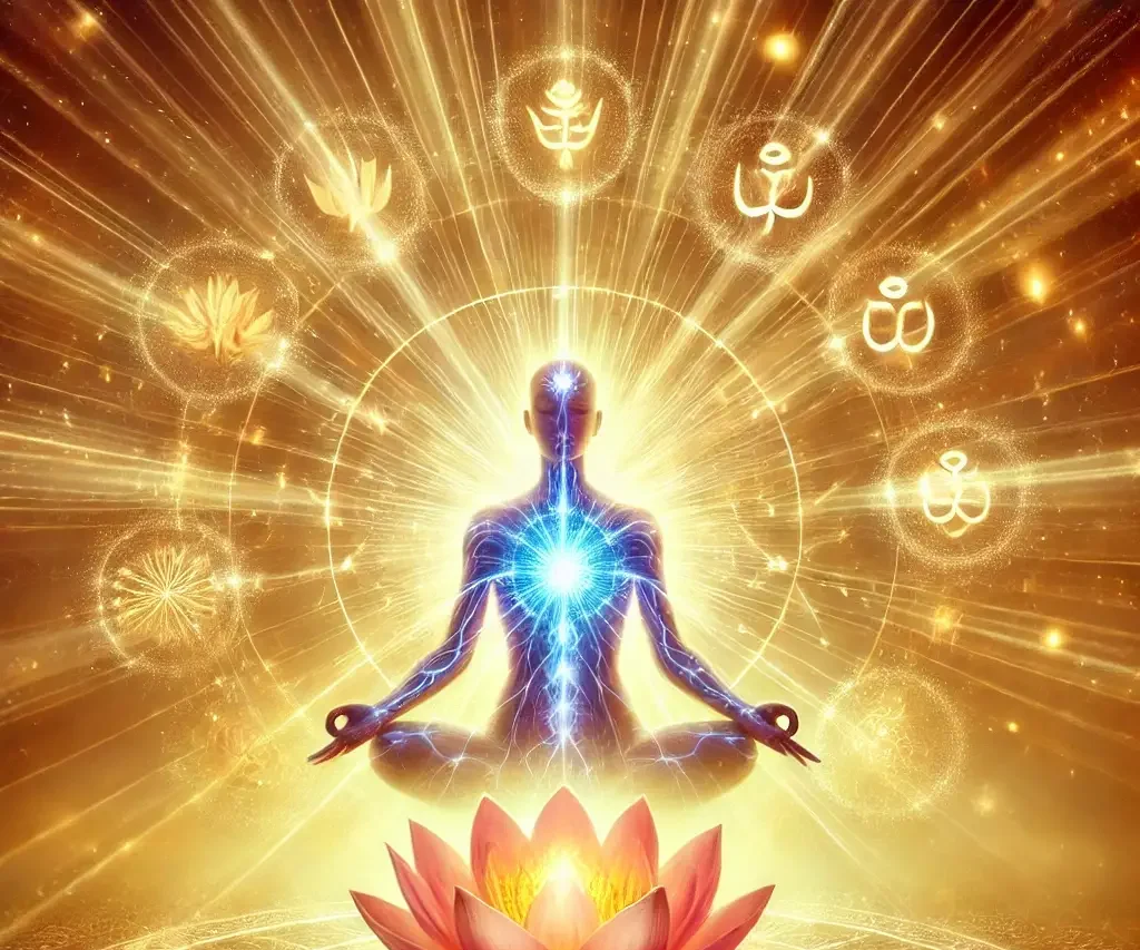 Meditierender Mensch in Lotusposition mit leuchtendem Energiekörper und spiritualen Symbolen