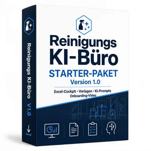 Produktbox Reinigungs KI-Büro Starter-Paket Version 1.0 Seitenansicht mit blauem Akzent