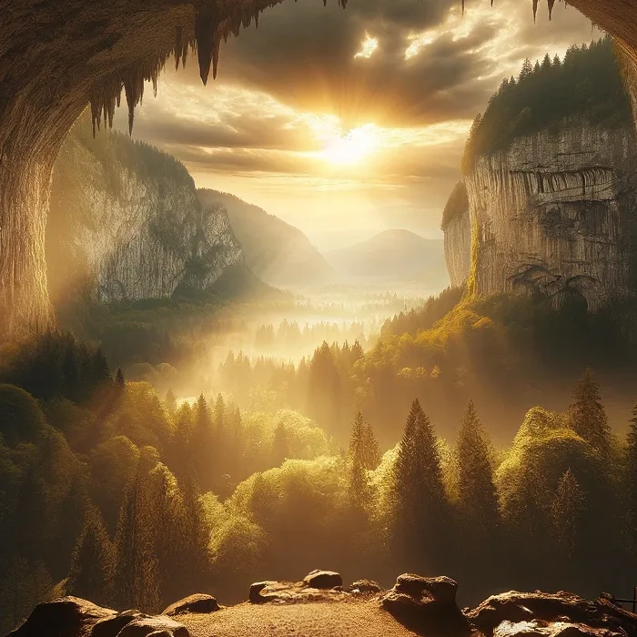 Mystische Landschaft: Höhlen öffnen sich zu leuchtender Tal-Landschaft mit Wald und Sonne