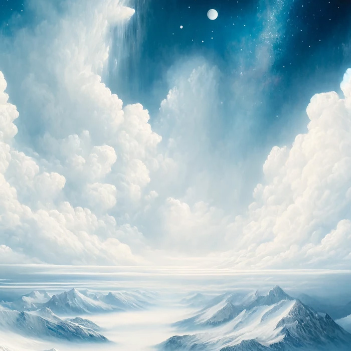 Meditation Hintergrund: Schneebedeckte Berge unter blauem Himmel mit Mond und Sternen