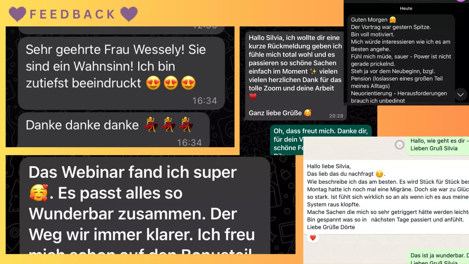 Feedback-Collage mit positiven Kundenbewertungen und Nachrichten zum Webinar