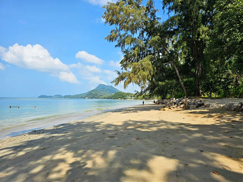 Tropischer Sandstrand mit Bäumen, Meer und bergigem Hintergrund – Andaman Beach