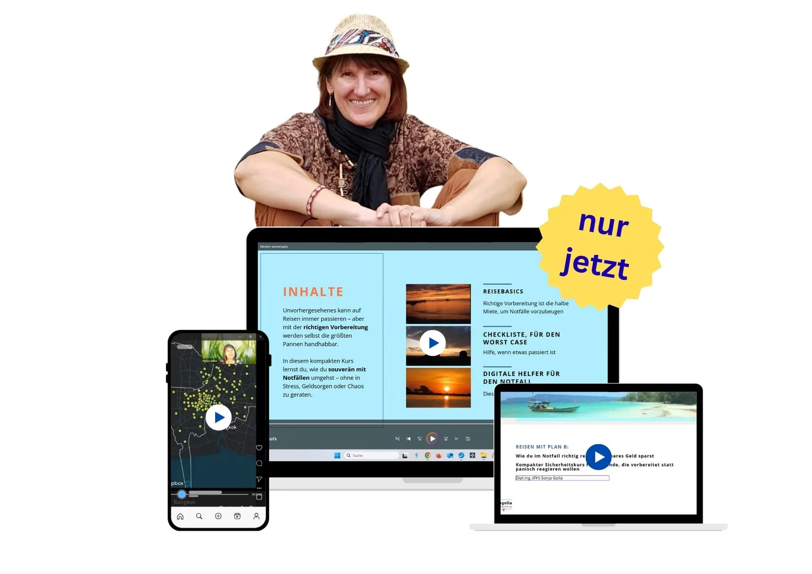 Frau mit Hut präsentiert Kurs-Inhalte auf Tablet, mit Sonnenuntergängen und Checklistenbeispielen