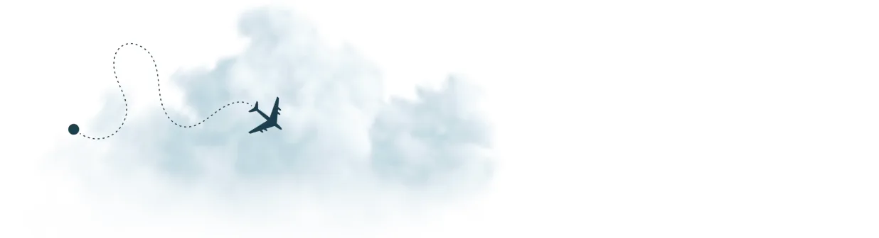 Illustration mit Flugzeugsymbol und gepunktetem Flugroute vor Wolkenhintergrund