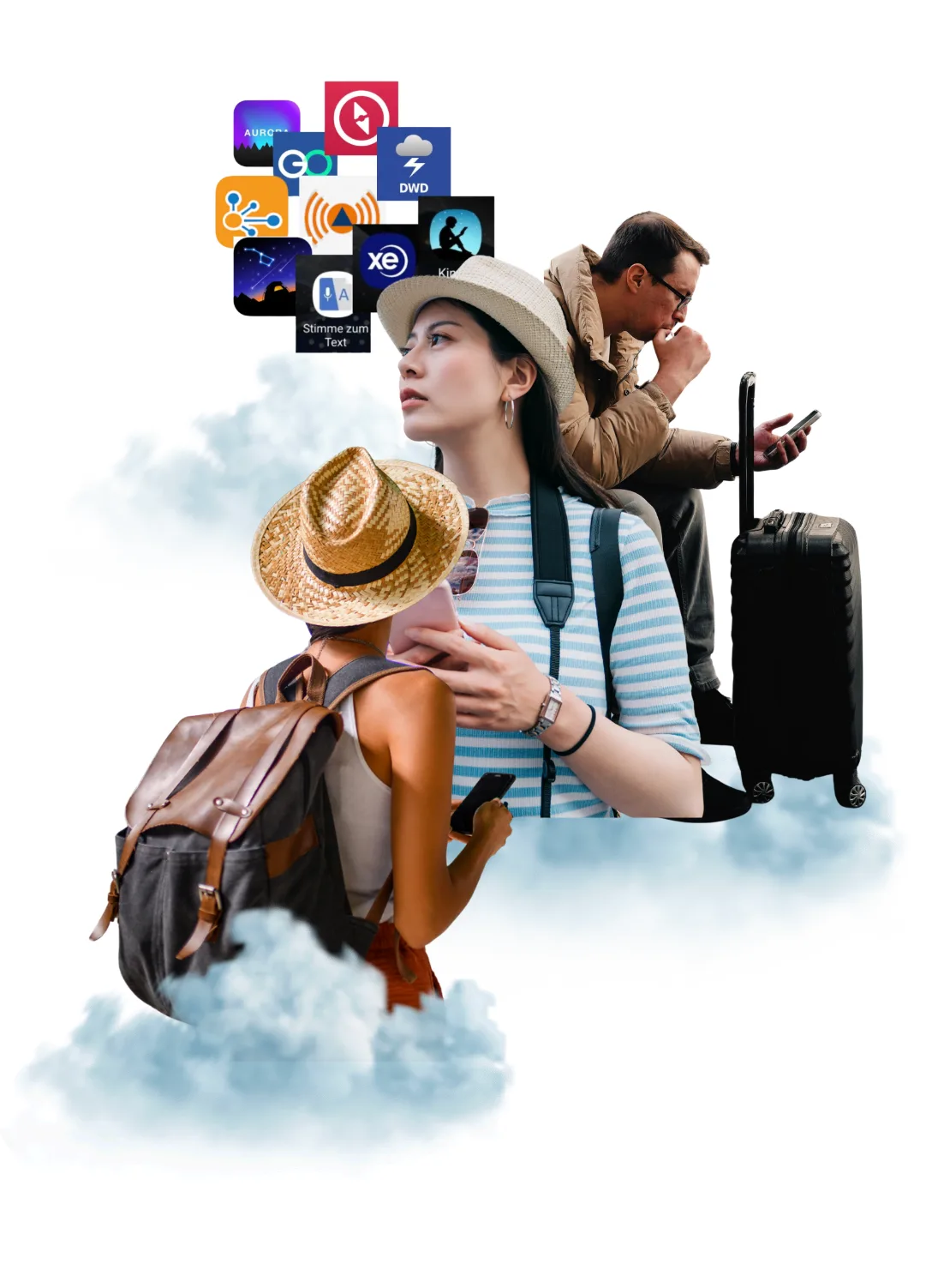 Junge Frau und Mann mit Reisegepäck und Smartphone vor App-Symbolen und Wolken