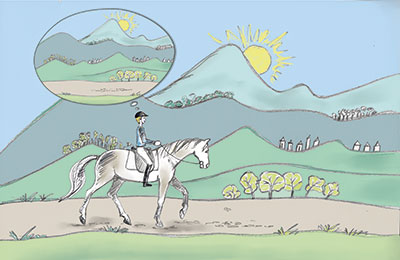 Illustration: Reiter auf Pferd in beruhigender Landschaft mit Berghintergrund