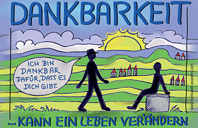 Illustration: Zwei Menschen auf grüner Wiese, Text Dankbarkeit, Erfolgsfaktor