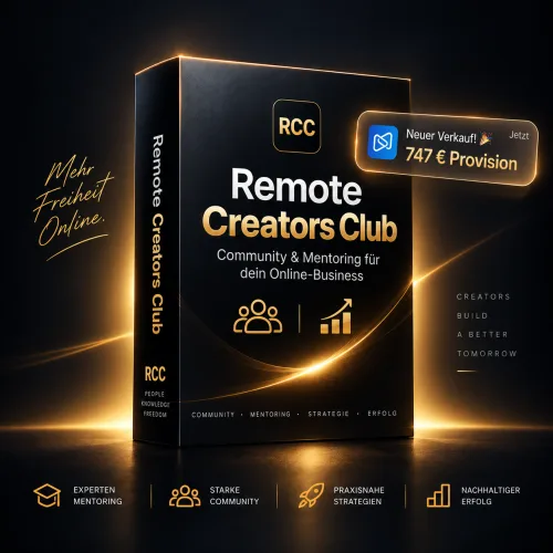 Remote Creators Club Produktbox-Mockup mit Glüheffekt, goldener Schrift und Verkaufs-Badge, zeigt Community, Mentoring und St
