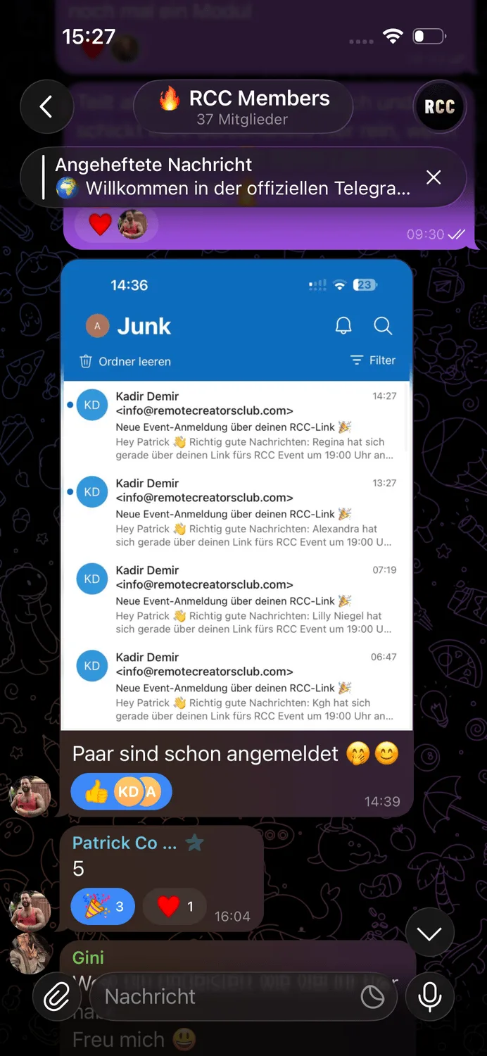 Telegram-Screenshot Junk-Ordner mit Event-Anmeldungen von Kadir Demir, Community-Bestätigung von RCC-Teilnehmern